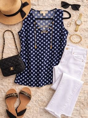 Michael Kors navy blue Tank with Light Blue Paisley Dots & Gold Chain Detail